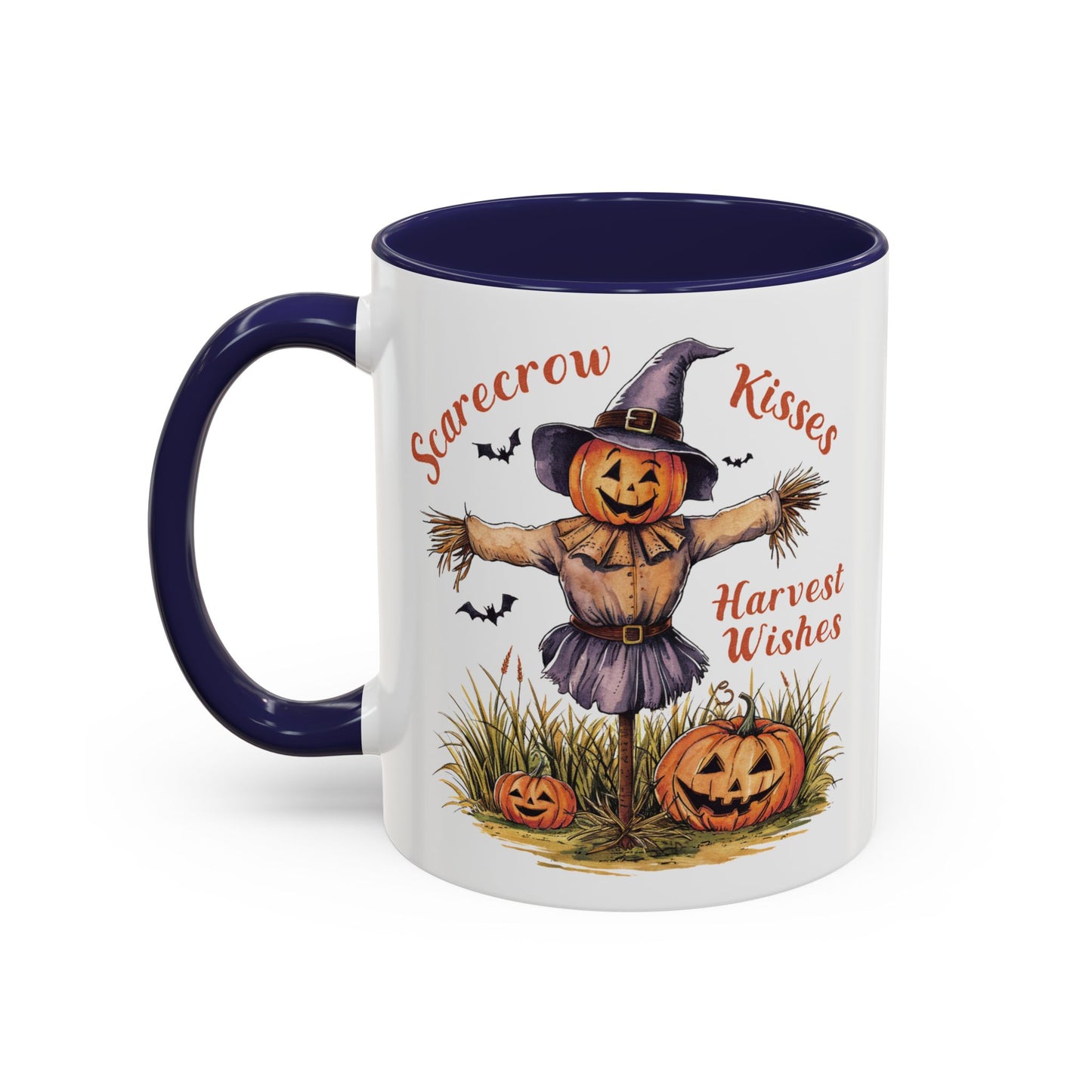 Scarecrow Kisses and Harvest Wishes Mug | Fall Scarecrow and Pumpkin Design | Perfect Autumn Coffee Mug for Cozy Mornings