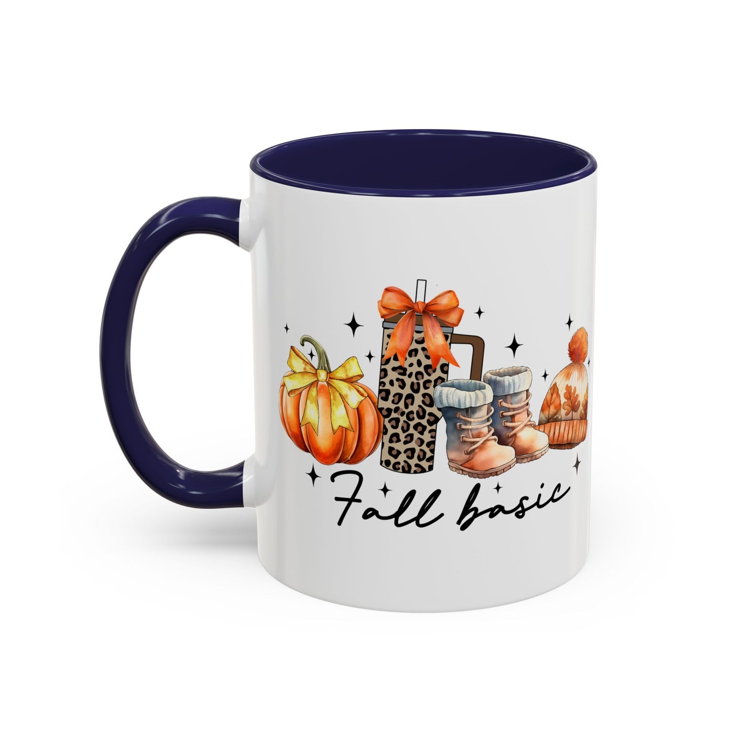 Fall Basic Autumn Mug | 11oz/15oz Ceramic Coffee Cup | Cozy Fall Essentials Design | Pink, Red, Black, Light Blue, or Navy Handle & Interior