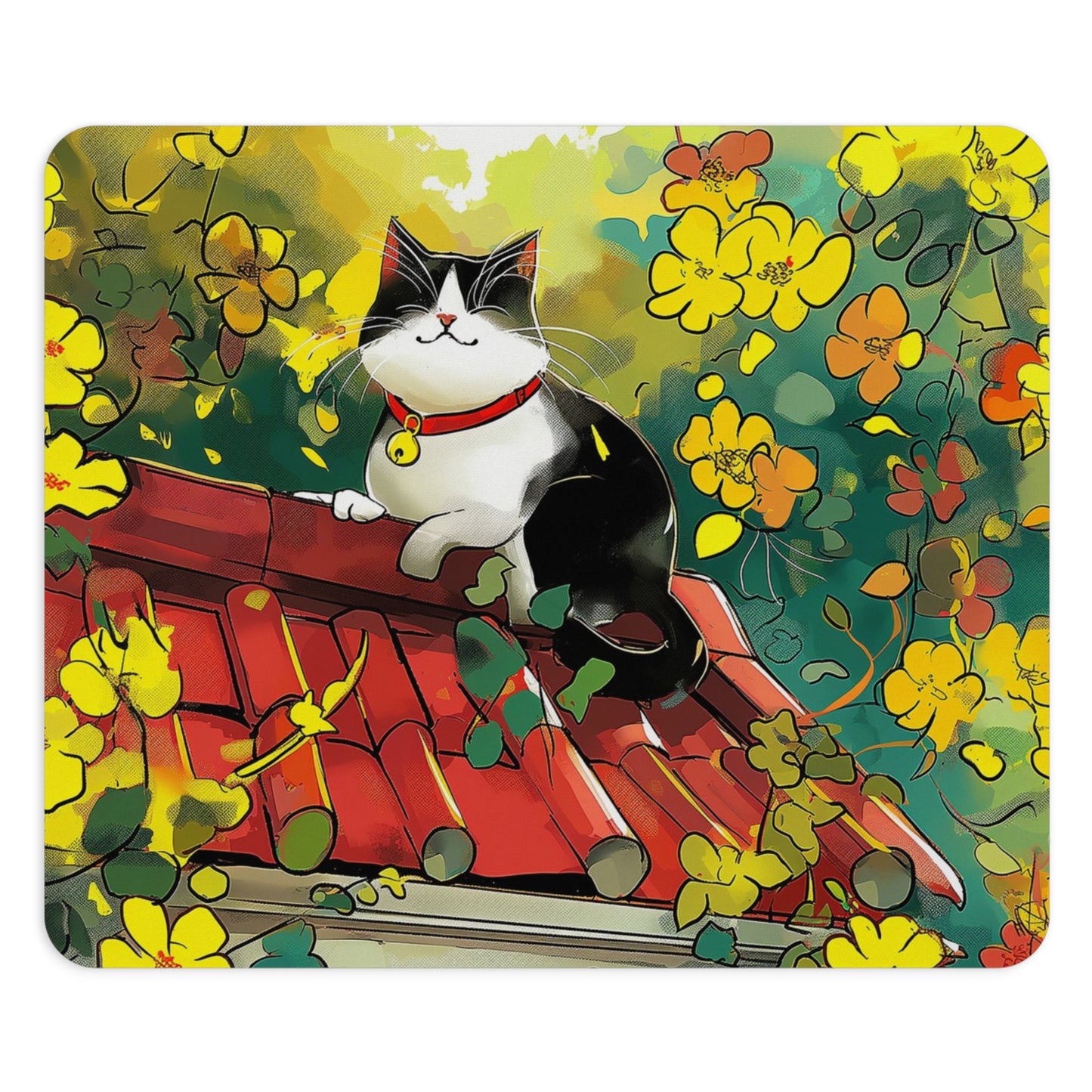 Happy Cat on a Rooftop Design Personalized Mouse Pad - Custom Round or Rectangle Neoprene Mousepad with Non-Slip Rubber Bottom