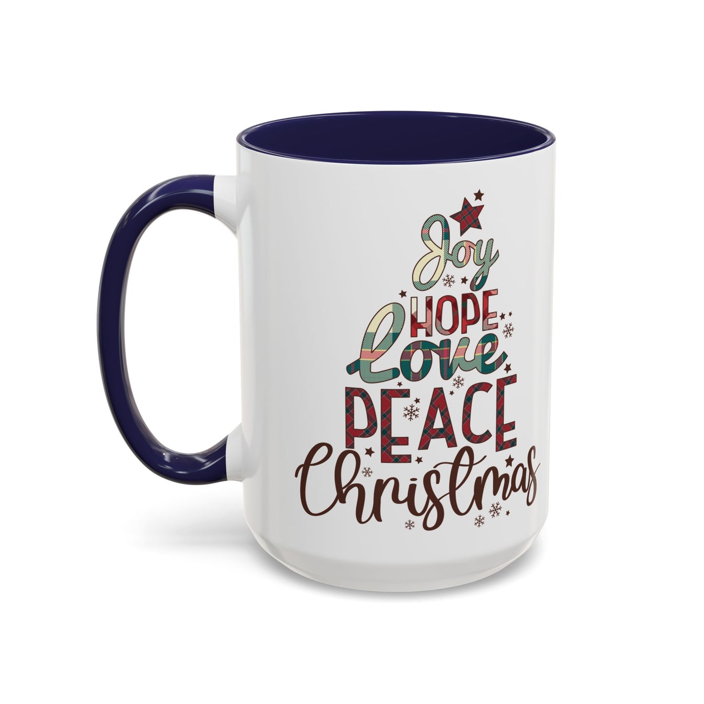 Joy Hope Love Peace Christmas Mug | Festive Holiday Plaid Design | Christmas Tree Word Art Coffee Mug