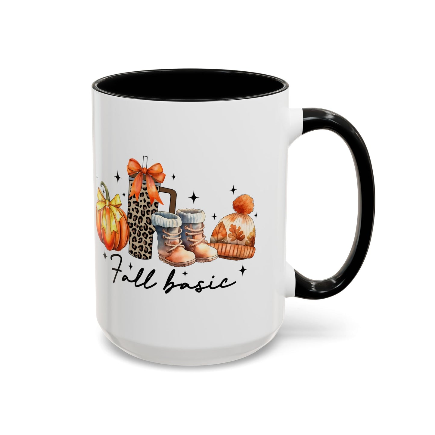 Fall Basic Autumn Mug | 11oz/15oz Ceramic Coffee Cup | Cozy Fall Essentials Design | Pink, Red, Black, Light Blue, or Navy Handle & Interior