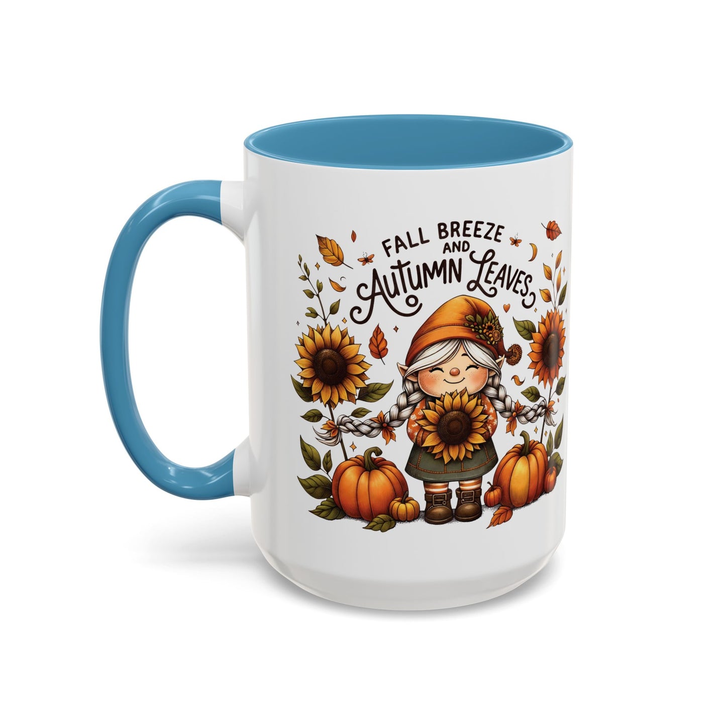 Fall Breeze and Autumn Leaves Mug | 11oz and 15oz Ceramic Coffee Cup | Cute Gnome, Sunflower, & Pumpkin Design