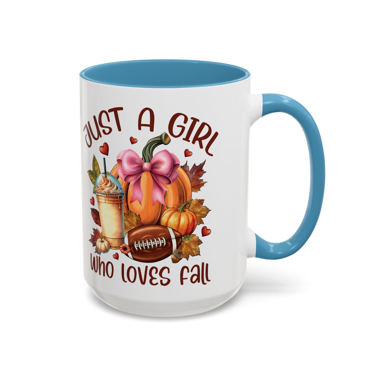 Just a Girl Who Loves Fall Mug | 11oz and 15oz Ceramic Coffee Cup | Autumn, Pumpkin, and Football Design