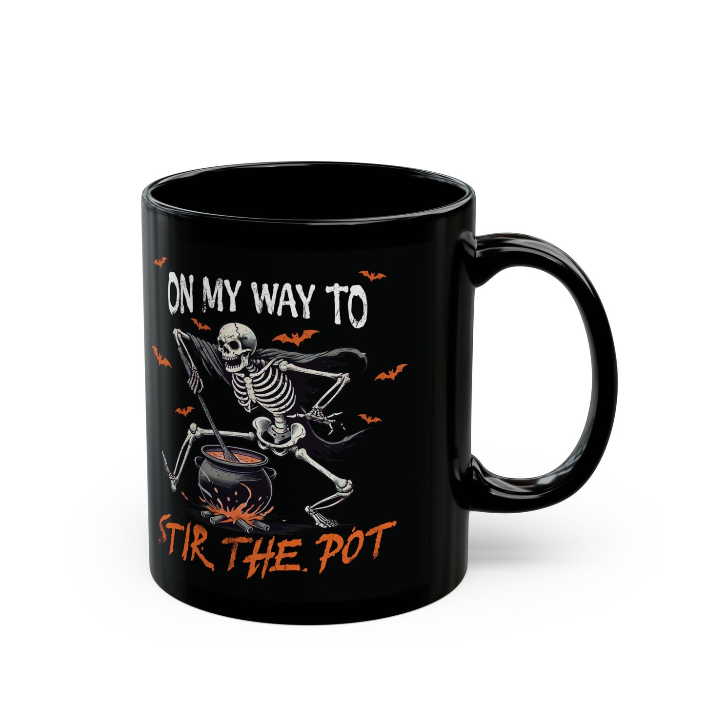 On My Way to Stir the Pot Ceramic Mug - Funny Skeleton Halloween Design - Perfect for Spooky Season