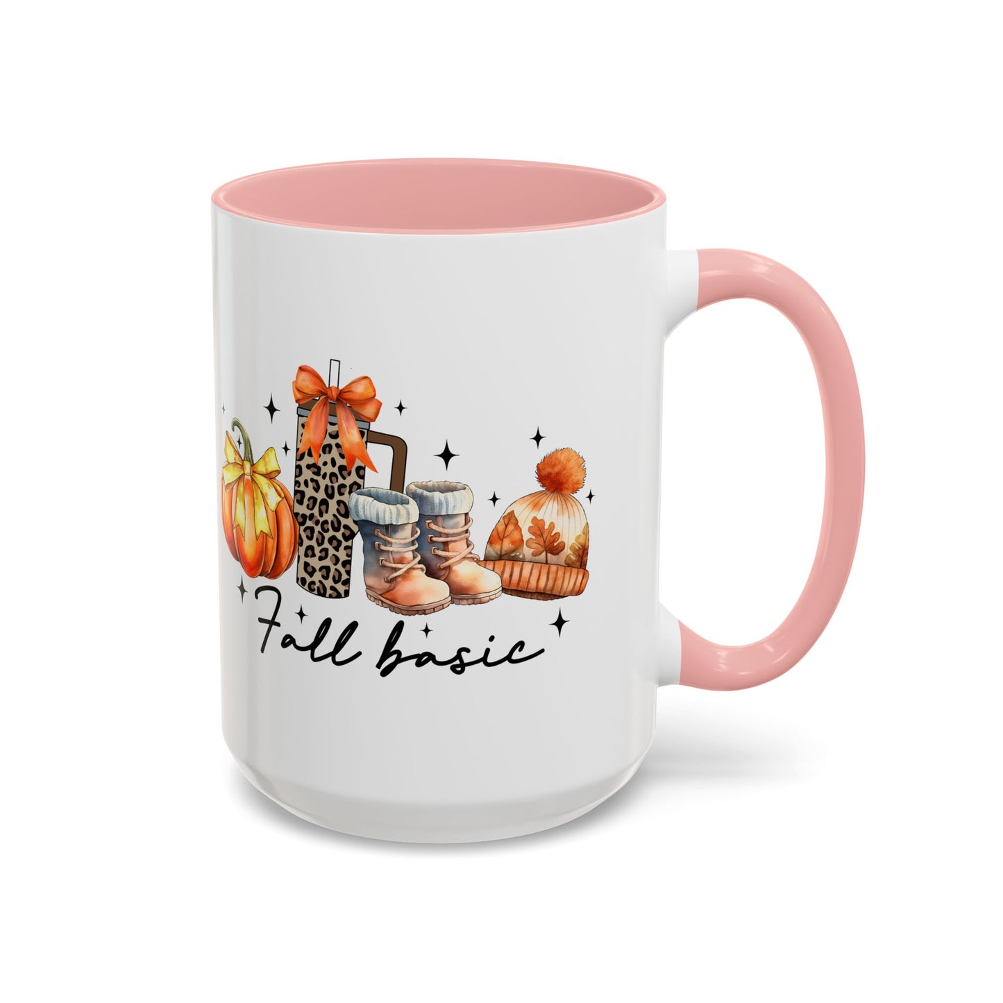 Fall Basic Autumn Mug | 11oz/15oz Ceramic Coffee Cup | Cozy Fall Essentials Design | Pink, Red, Black, Light Blue, or Navy Handle & Interior