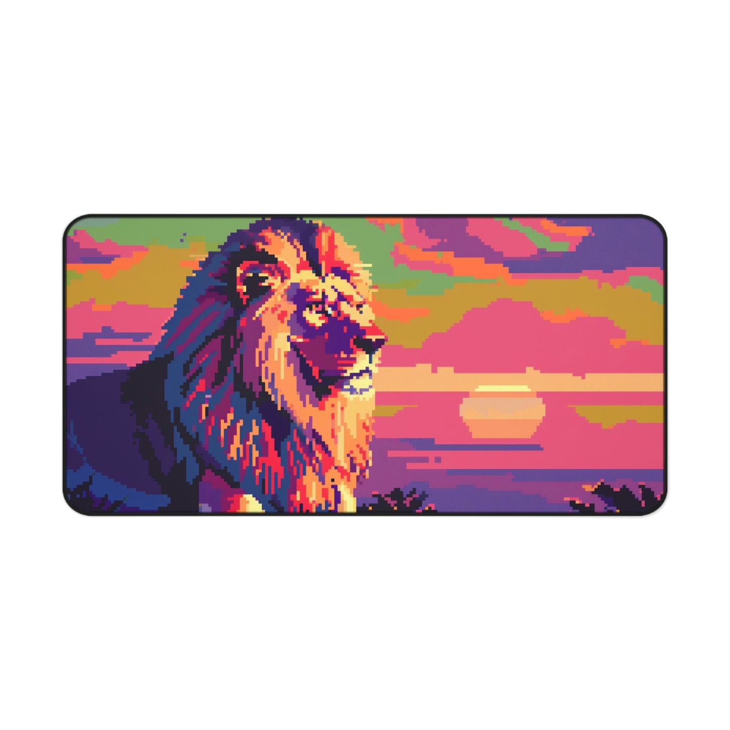 Pixel Art Lion Computer Desk Mat | Vibrant Sunset Mouse Pad | Anti-Slip Neoprene Desk Mat for Home Office | 3 Sizes Available