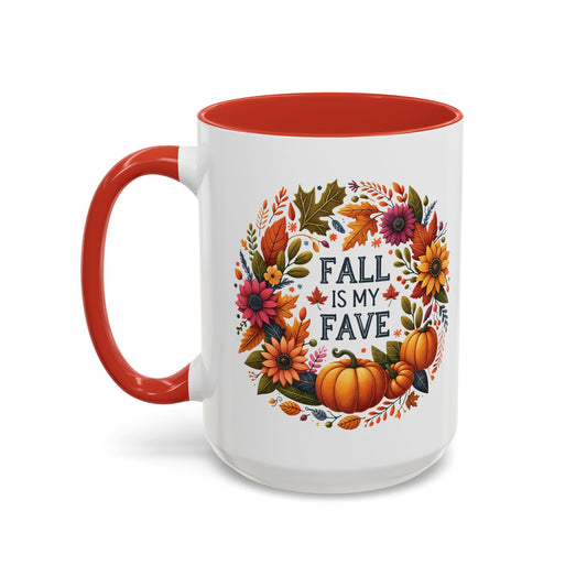 Fall Is My Fave Autumn Mug | 11oz and 15oz Ceramic Coffee Cup | Floral & Pumpkin Fall Wreath Design