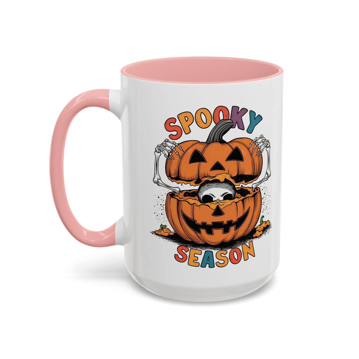 Spooky Season Halloween Mug | 11oz and 15oz Ceramic Coffee Cup | Skeleton in Pumpkin Design