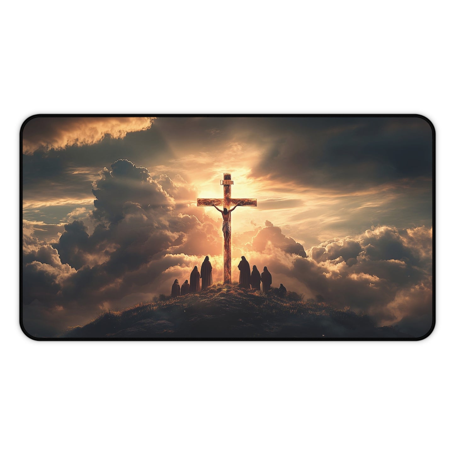 Crucifixion Sunrise Desk Mat | Neoprene | Anti-Slip | Inspirational Christian Art | Office & Gaming Decor | 3 Sizes