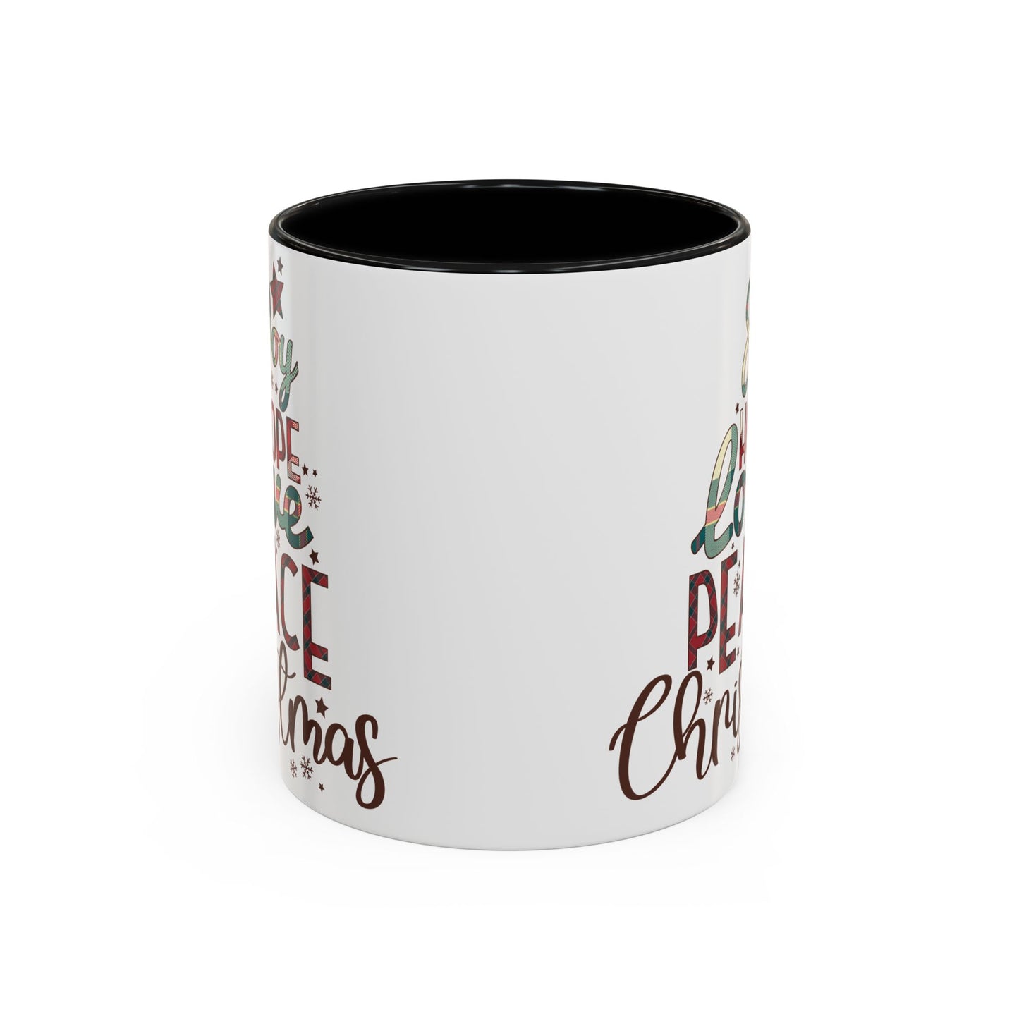 Joy Hope Love Peace Christmas Mug | Festive Holiday Plaid Design | Christmas Tree Word Art Coffee Mug